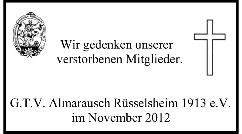  Traueranzeige für Almarausch Rüsselsheim 1913 Gedenken vom 24.11.2012 aus Rüsselsheimer Echo, Groß-Gerauer-Echo, Ried Echo