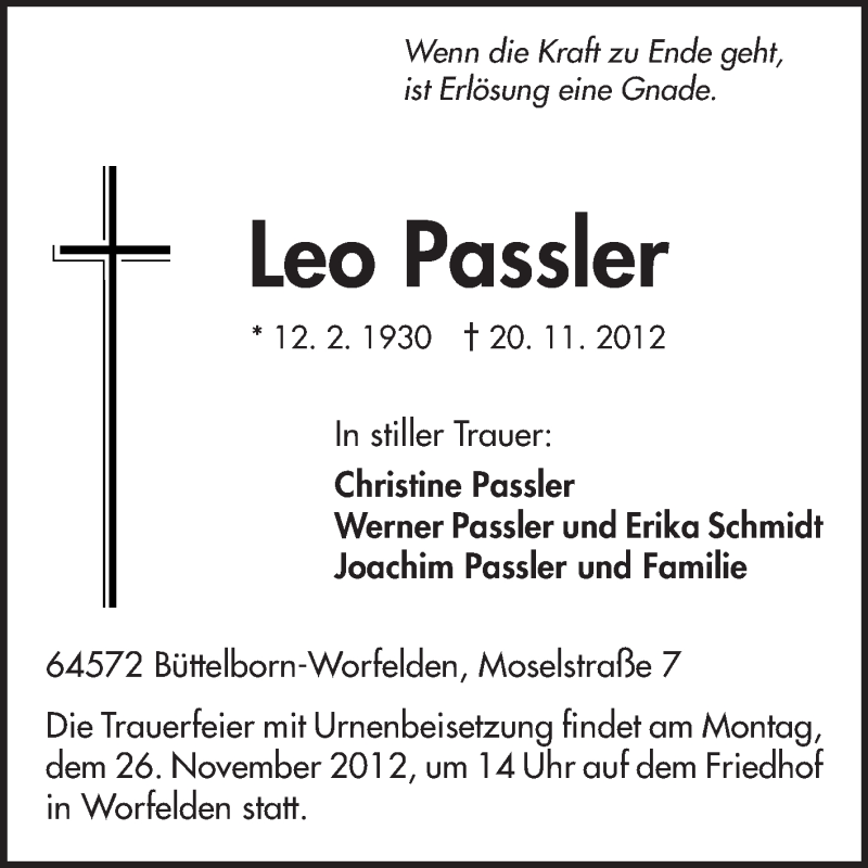  Traueranzeige für Leo Passler vom 24.11.2012 aus Rüsselsheimer Echo, Groß-Gerauer-Echo, Ried Echo