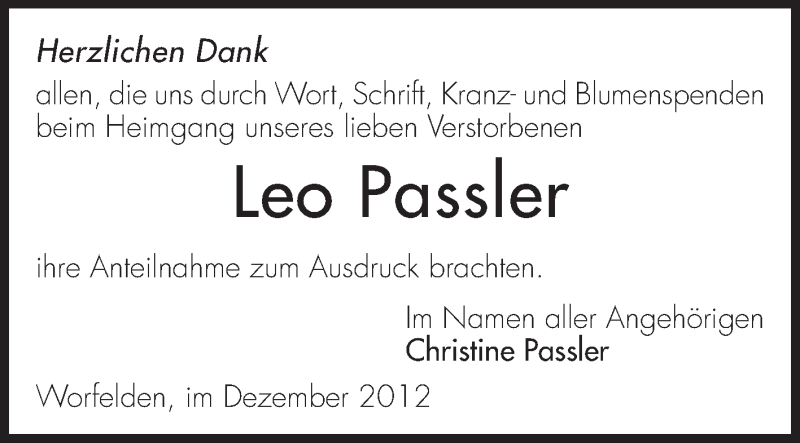  Traueranzeige für Leo Passler vom 15.12.2012 aus Rüsselsheimer Echo, Groß-Gerauer-Echo, Ried Echo