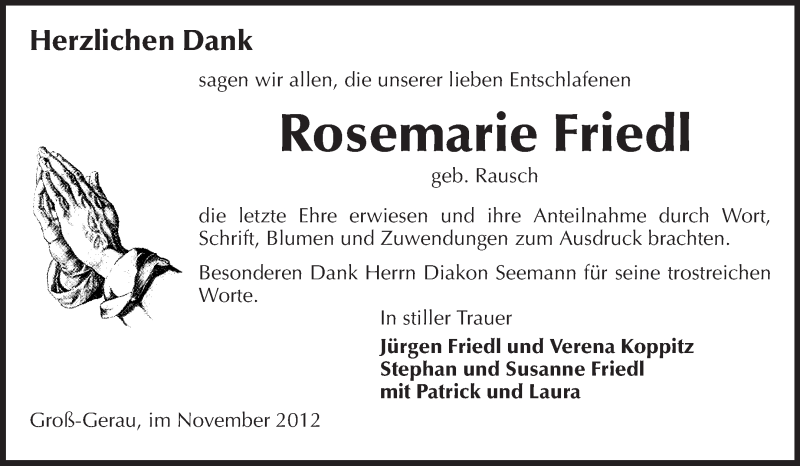  Traueranzeige für Rosemarie Friedl vom 24.11.2012 aus Rüsselsheimer Echo, Groß-Gerauer-Echo, Ried Echo