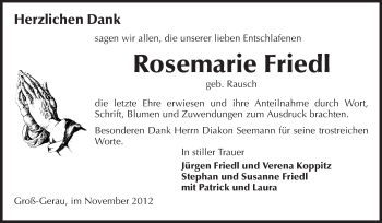 Traueranzeige von Rosemarie Friedl von Rüsselsheimer Echo, Groß-Gerauer-Echo, Ried Echo