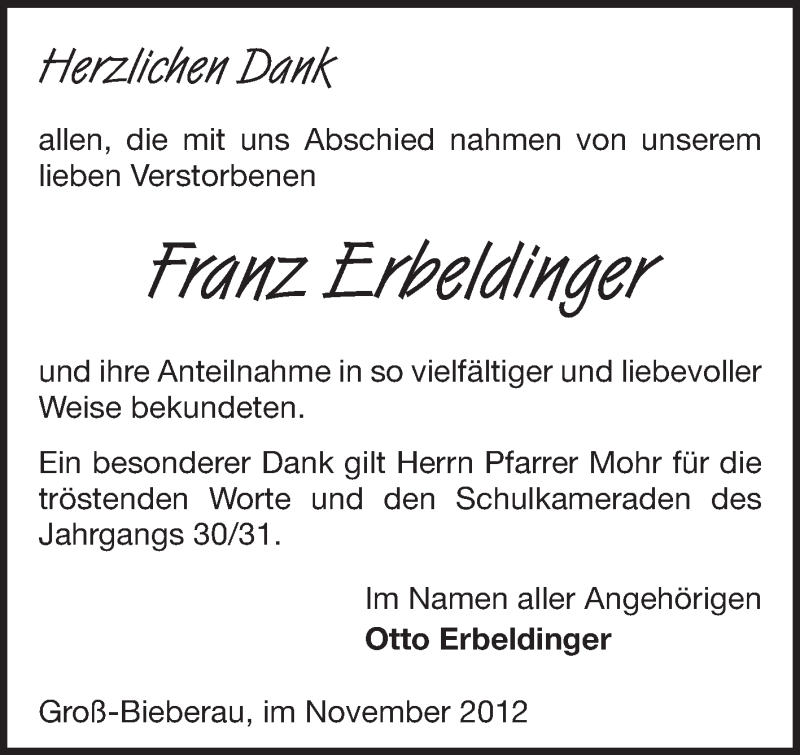  Traueranzeige für Franz Erbeldinger vom 24.11.2012 aus Echo-Zeitungen (Gesamtausgabe)