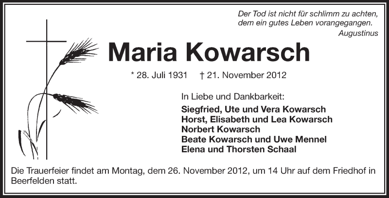  Traueranzeige für Maria Kowarsch vom 24.11.2012 aus Odenwälder Echo
