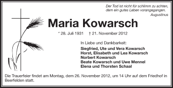 Traueranzeige von Maria Kowarsch von Odenwälder Echo