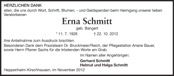 Traueranzeige von Erna Schmitt von Starkenburger Echo