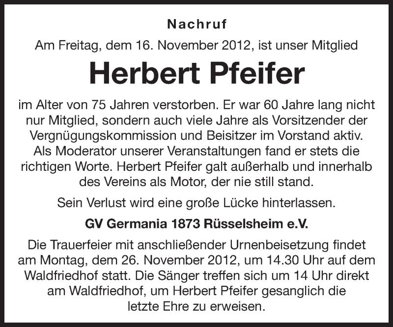  Traueranzeige für Herbert Pfeifer vom 24.11.2012 aus Rüsselsheimer Echo, Groß-Gerauer-Echo, Ried Echo