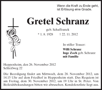 Traueranzeige von Gretel Schranz von Starkenburger Echo