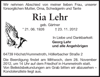 Traueranzeige von Ria Lehr von Odenwälder Echo