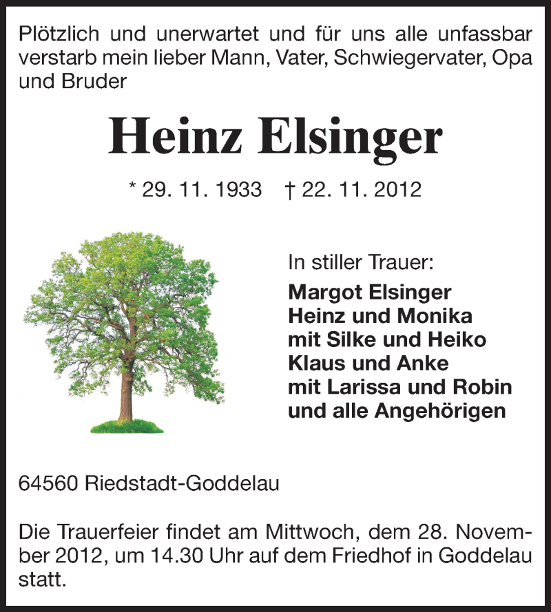  Traueranzeige für Heinz Elsinger vom 26.11.2012 aus Rüsselsheimer Echo, Groß-Gerauer-Echo, Ried Echo