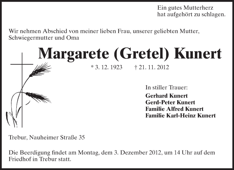  Traueranzeige für Margarete Kundert vom 26.11.2012 aus Rüsselsheimer Echo, Groß-Gerauer-Echo, Ried Echo