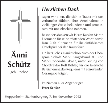 Traueranzeige von Schütz Änni von Starkenburger Echo