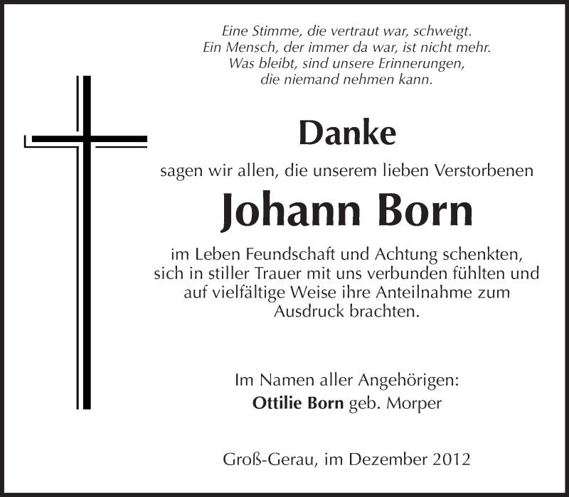  Traueranzeige für Johann Born vom 01.12.2012 aus Rüsselsheimer Echo, Groß-Gerauer-Echo, Ried Echo