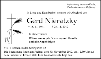 Traueranzeige von Gerd Nieratzky von Odenwälder Echo