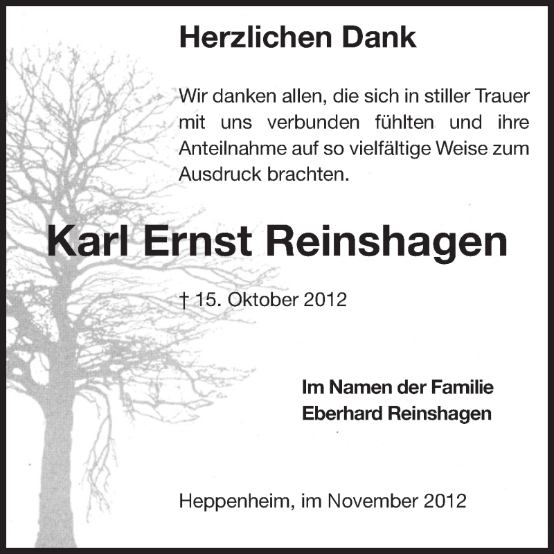  Traueranzeige für Karl Ernst Reinshagen vom 28.11.2012 aus Odenwälder Echo