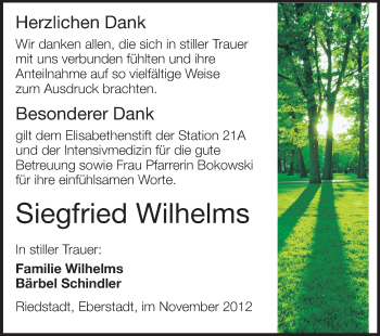 Traueranzeige von Siegfried Wilhelms von Echo-Zeitungen (Gesamtausgabe)