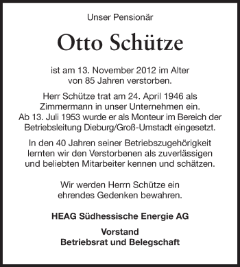 Traueranzeige von Otto Schütze von Echo-Zeitungen (Gesamtausgabe)