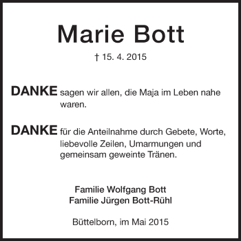 Traueranzeige von Marie Bott von Rüsselsheimer Echo, Groß-Gerauer-Echo, Ried Echo