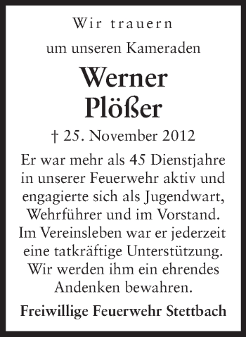 Traueranzeige von Werner Plößer von Echo-Zeitungen (Gesamtausgabe)