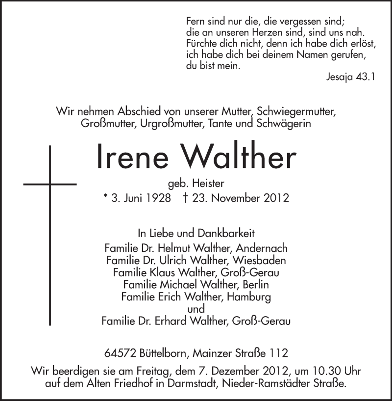  Traueranzeige für Irene Walther vom 01.12.2012 aus Echo-Zeitungen (Gesamtausgabe)