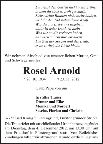 Traueranzeige von Rosel Arnold von Odenwälder Echo