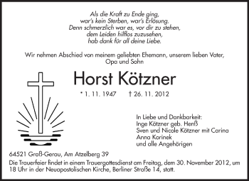 Traueranzeige von Horst Kötzner von Rüsselsheimer Echo, Groß-Gerauer-Echo, Ried Echo