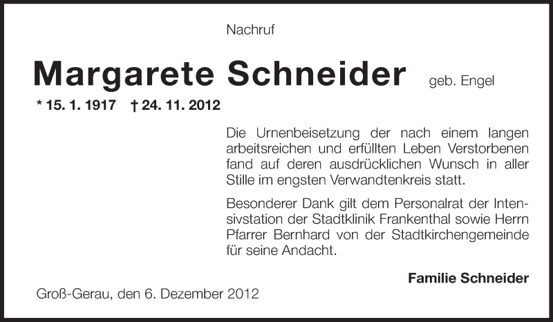  Traueranzeige für Margarete Schneider vom 06.12.2012 aus Rüsselsheimer Echo, Groß-Gerauer-Echo, Ried Echo
