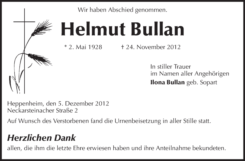  Traueranzeige für Helmut Bullan vom 05.12.2012 aus Starkenburger Echo