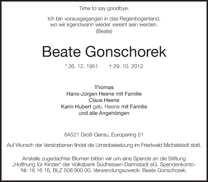  Traueranzeige für Beate Gonschorek vom 01.12.2012 aus Rüsselsheimer Echo, Groß-Gerauer-Echo, Ried Echo