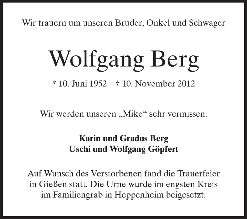  Traueranzeige für Wolfgang Berg vom 01.12.2012 aus Starkenburger Echo