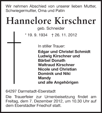 Traueranzeige von Hannelore Kirschner von Echo-Zeitungen (Gesamtausgabe)