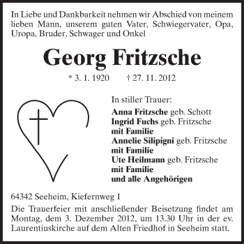 Traueranzeige von Georg Fritzsche von Echo-Zeitungen (Gesamtausgabe)