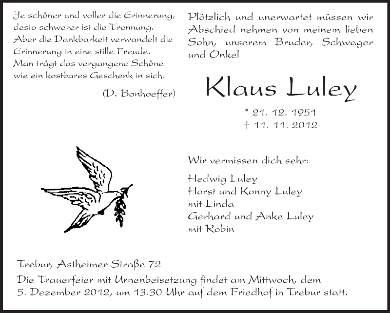  Traueranzeige für Klaus Luley vom 01.12.2012 aus Rüsselsheimer Echo, Groß-Gerauer-Echo, Ried Echo