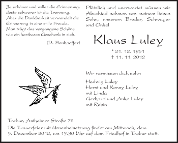 Traueranzeige von Klaus Luley von Rüsselsheimer Echo, Groß-Gerauer-Echo, Ried Echo