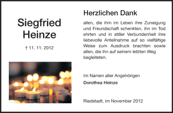 Traueranzeige von Siegfried Heinze von Rüsselsheimer Echo, Groß-Gerauer-Echo, Ried Echo