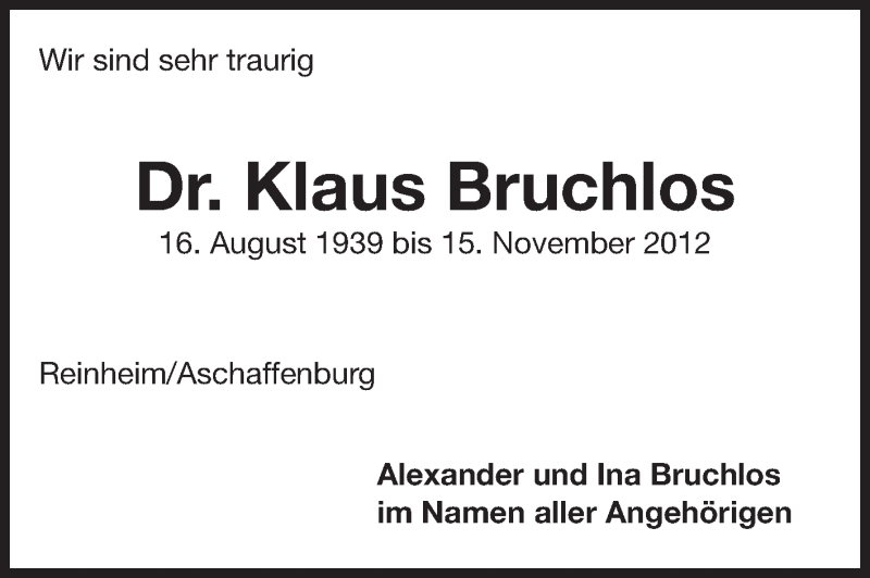  Traueranzeige für Klaus Bruchlos vom 29.11.2012 aus Echo-Zeitungen (Gesamtausgabe)