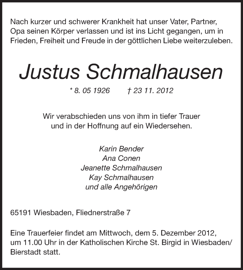  Traueranzeige für Justus Schmalhausen vom 01.12.2012 aus Rüsselsheimer Echo, Groß-Gerauer-Echo, Ried Echo