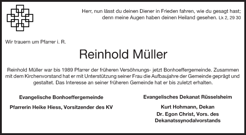  Traueranzeige für Reinhold Müller vom 29.11.2012 aus Rüsselsheimer Echo, Groß-Gerauer-Echo, Ried Echo