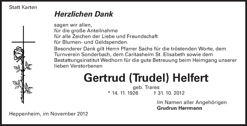  Traueranzeige für Gertrud (Trudel) Helfert vom 30.11.2012 aus Starkenburger Echo, Bergsträßer Anzeiger