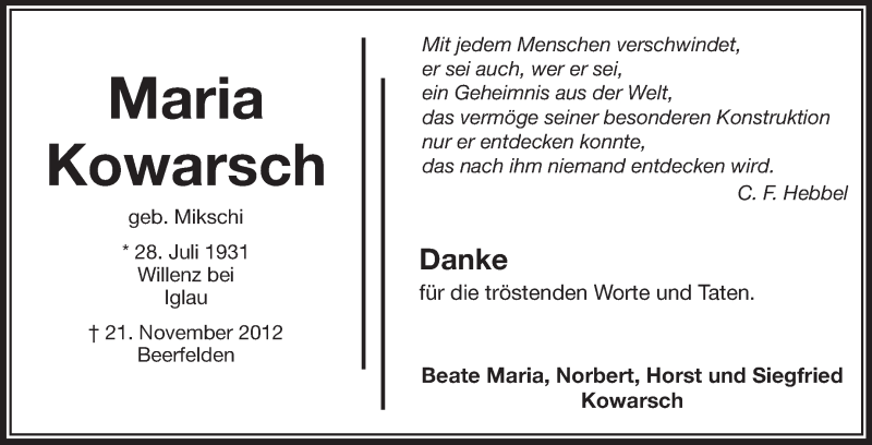  Traueranzeige für Maria Kowarsch vom 01.12.2012 aus Odenwälder Echo
