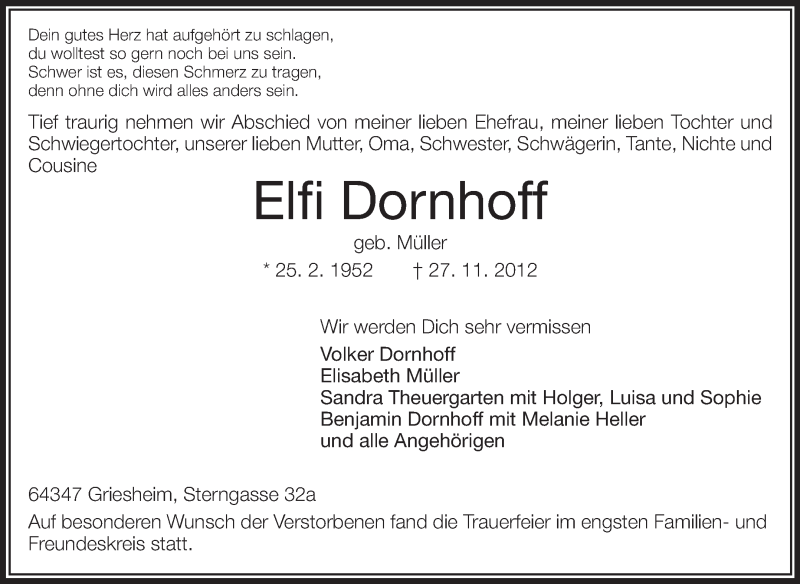  Traueranzeige für Elfi Dornhoff vom 01.12.2012 aus Echo-Zeitungen (Gesamtausgabe)