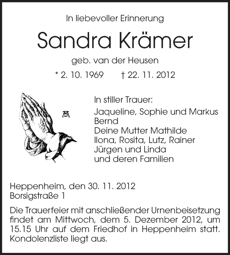  Traueranzeige für Sandra Krämer vom 30.11.2012 aus Starkenburger Echo