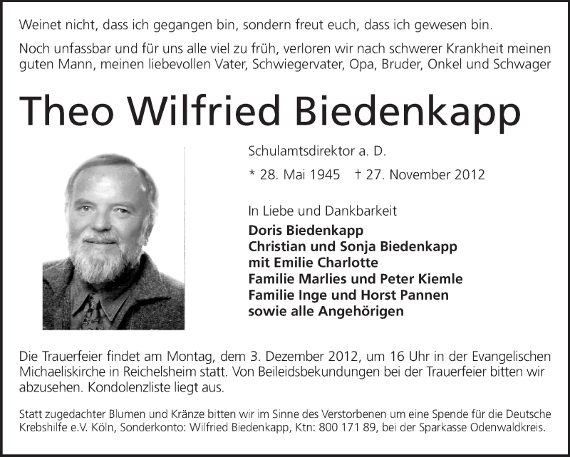  Traueranzeige für Theo Wilfried Biedenkapp vom 01.12.2012 aus Echo-Zeitungen (Gesamtausgabe)