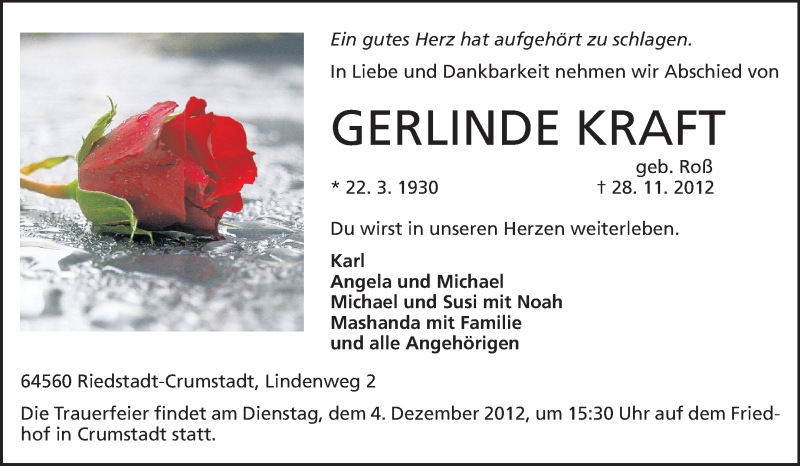  Traueranzeige für Gerlinde Kraft vom 30.11.2012 aus Darmstädter Echo, Odenwälder Echo, Rüsselsheimer Echo, Groß-Gerauer-Echo, Ried Echo
