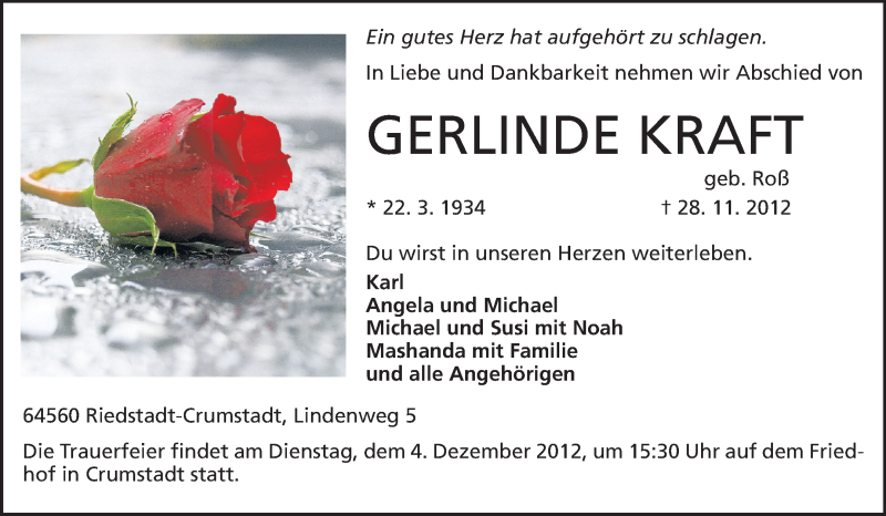  Traueranzeige für Gerlinde Kraft vom 01.12.2012 aus Darmstädter Echo, Odenwälder Echo, Rüsselsheimer Echo, Groß-Gerauer-Echo, Ried Echo