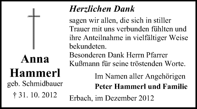  Traueranzeige für Anna Hammerl vom 01.12.2012 aus Odenwälder Echo