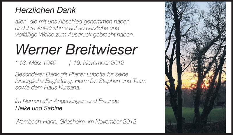  Traueranzeige für Werner Breitwieser vom 01.12.2012 aus Echo-Zeitungen (Gesamtausgabe)