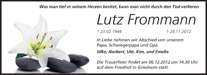  Traueranzeige für Lutz Frommann vom 01.12.2012 aus Echo-Zeitungen (Gesamtausgabe)