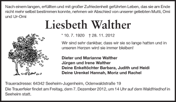 Traueranzeige von Liesbeth Walther von Echo-Zeitungen (Gesamtausgabe)