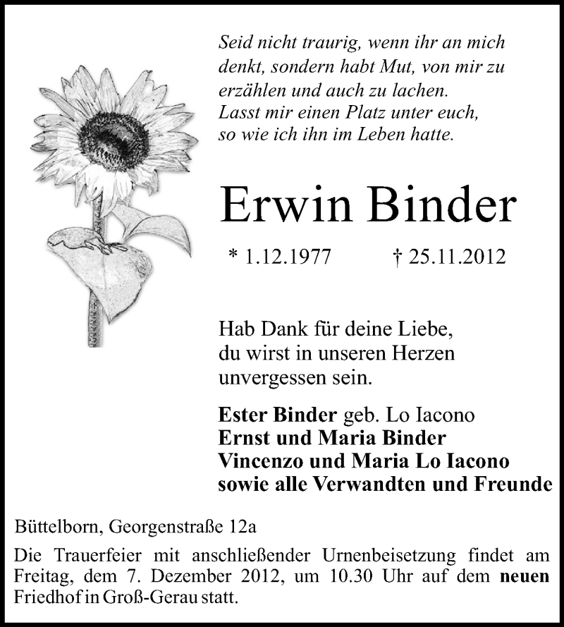  Traueranzeige für Erwin Binder vom 01.12.2012 aus Rüsselsheimer Echo, Groß-Gerauer-Echo, Ried Echo