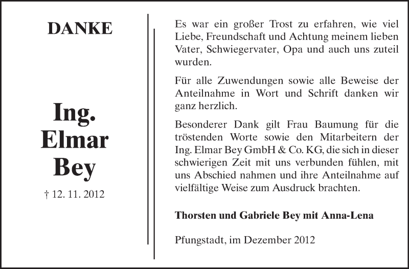  Traueranzeige für Elmar Bey  vom 01.12.2012 aus Echo-Zeitungen (Gesamtausgabe)